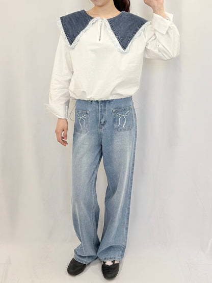 【Official限定価格】ポケットリボン刺繡入りデニムパンツ