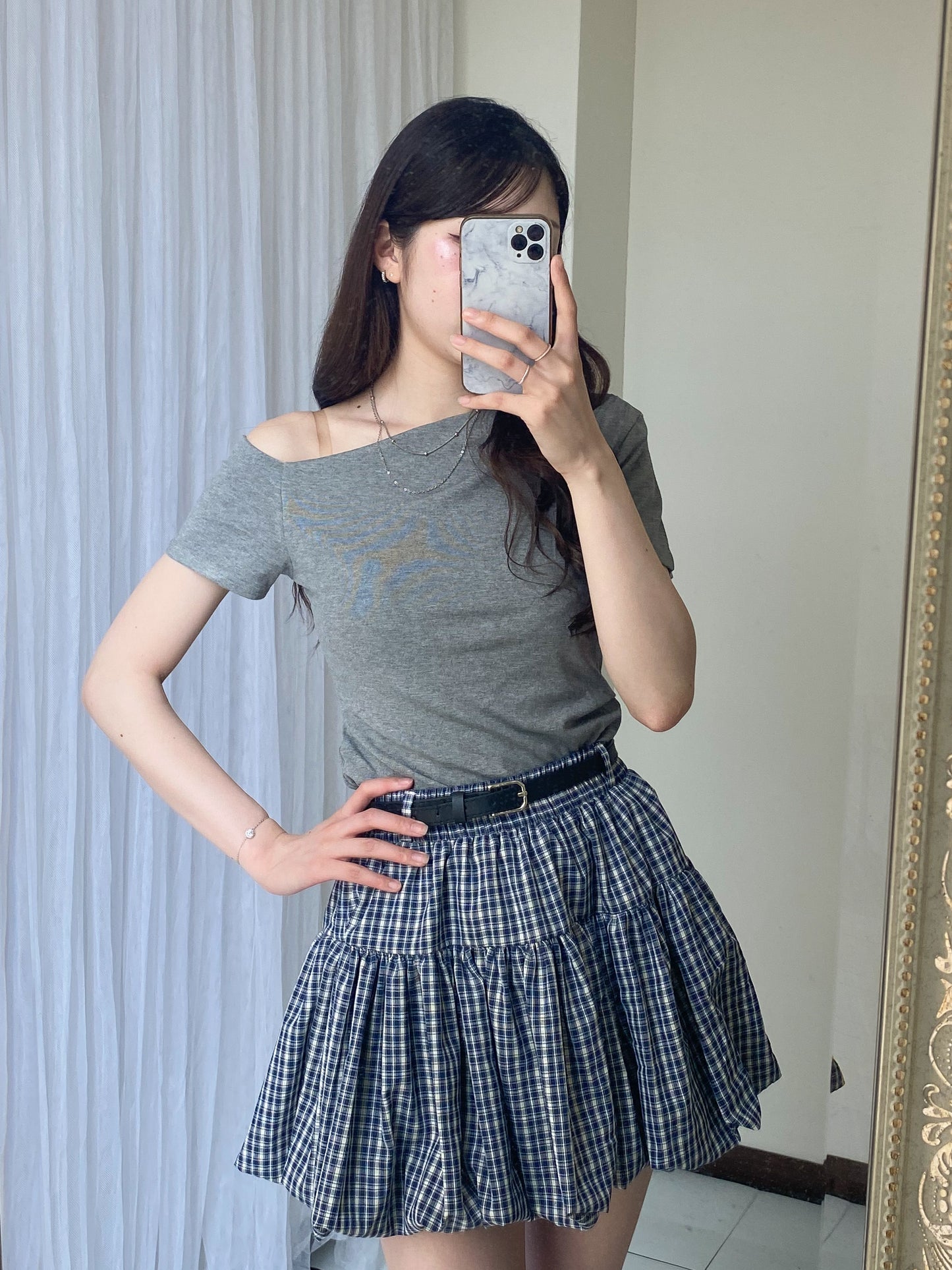 【Official限定価格】ベルト付きチェックバルーンスカート