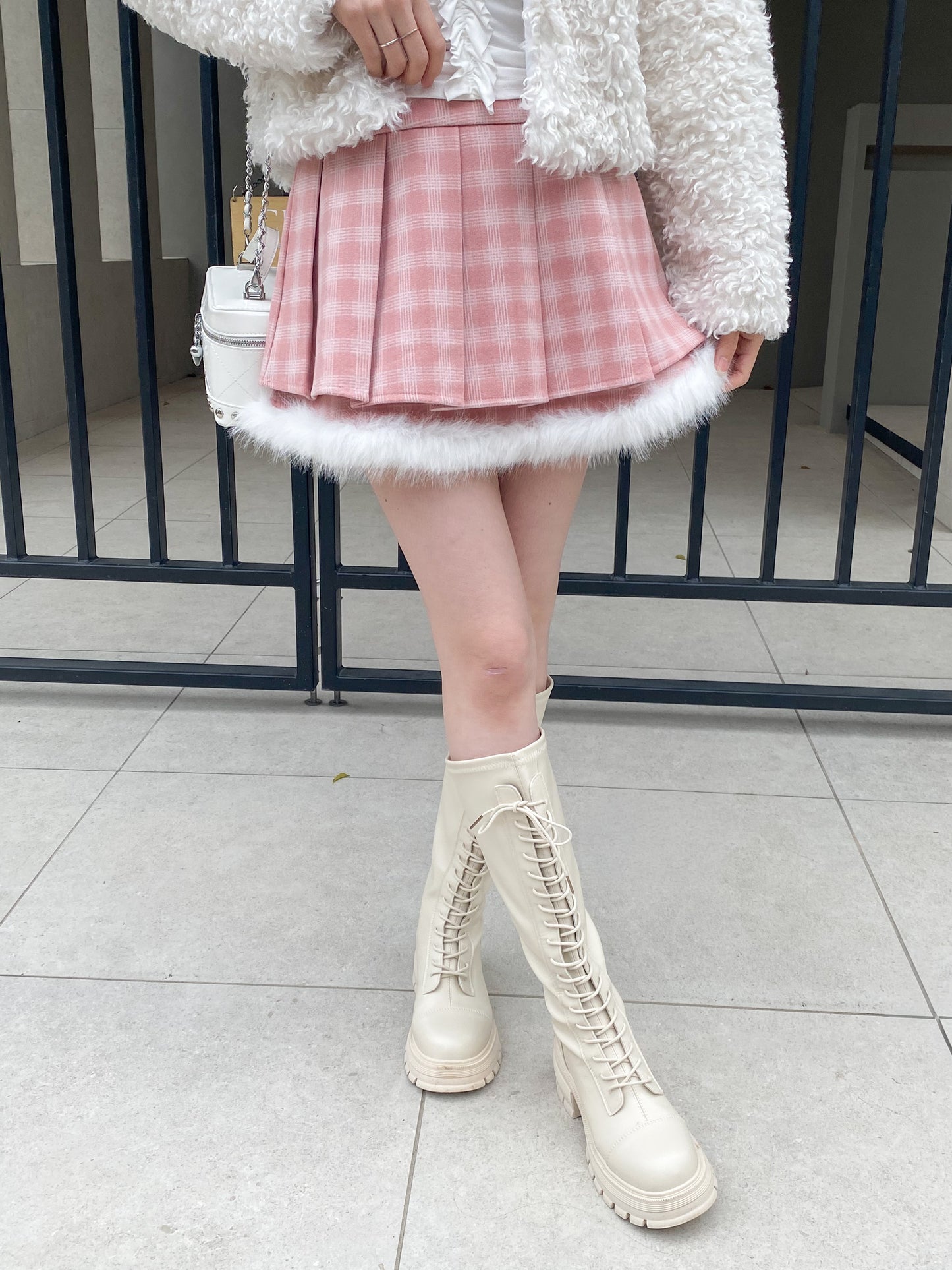 【Official限定価格】ファー付きチェックプリーツスカート