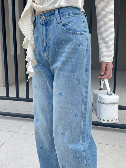 【Official限定価格】ビジュー付きローズ刺繡デニムパンツ