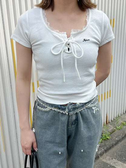 レースアップクルーネックT