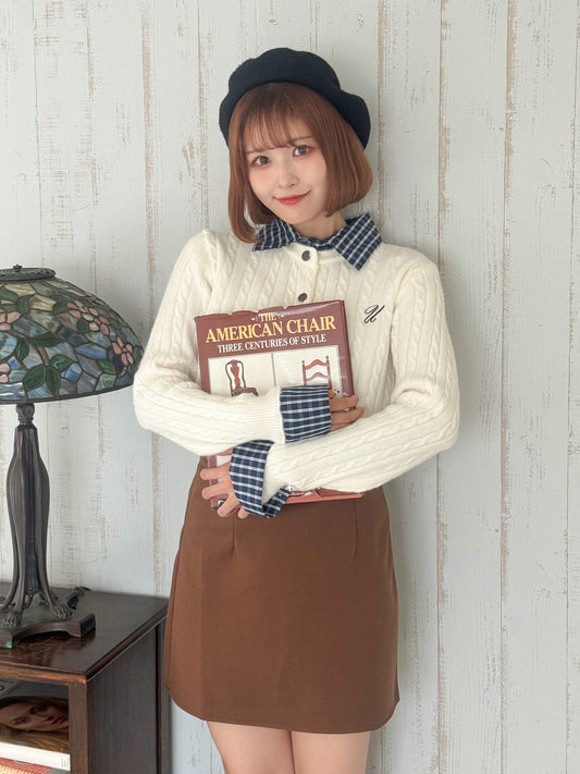 【Official限定価格】チェック襟付きワンポイント刺繡ニット