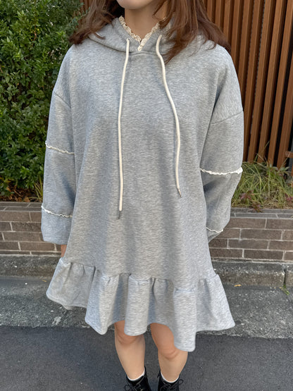 【Official限定価格】裏起毛フリルスエットパーカーワンピ