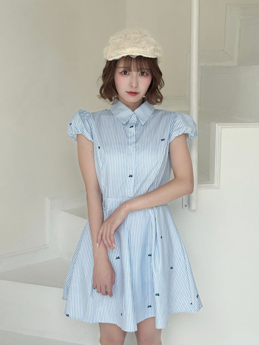 リボン×ストライプシャツワンピ