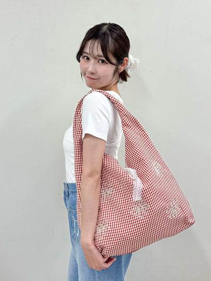 デイジー刺繡ギンガムチェックリボントート