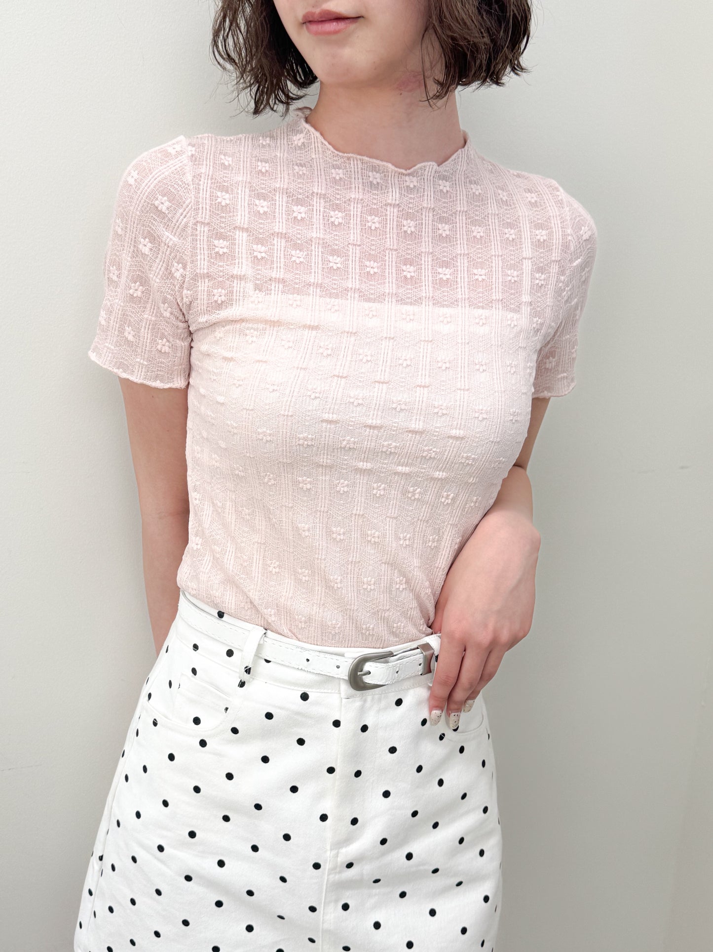 花柄シースルー半袖トップス