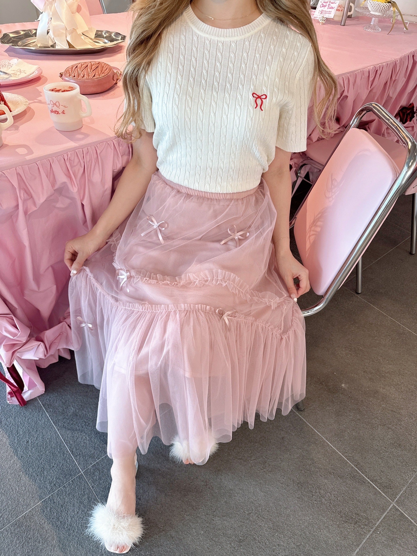 ピンク チュールスカート フリル 若い リボン付き120㎝