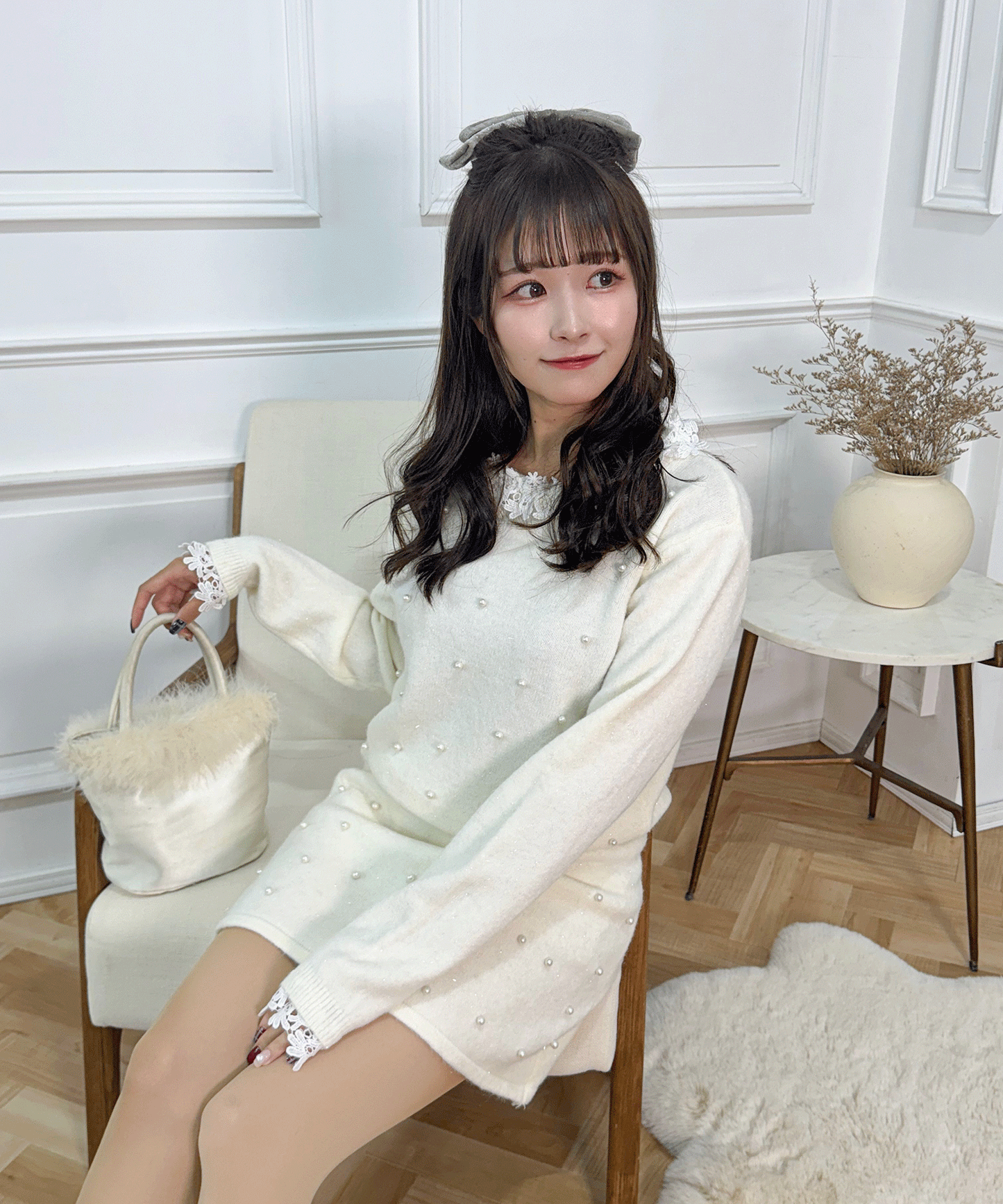 パール付きガーリーニットセットアップ