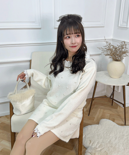 パール付きガーリーニットセットアップ