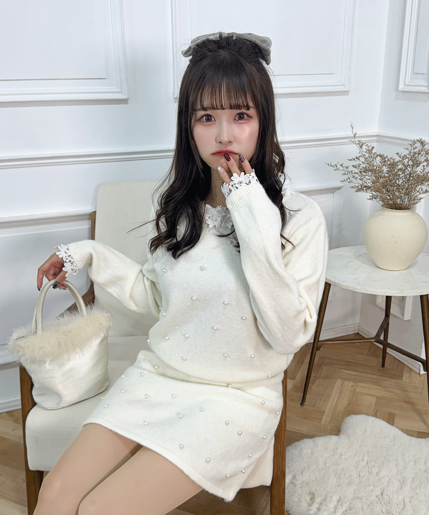 パール付きガーリーニットセットアップ