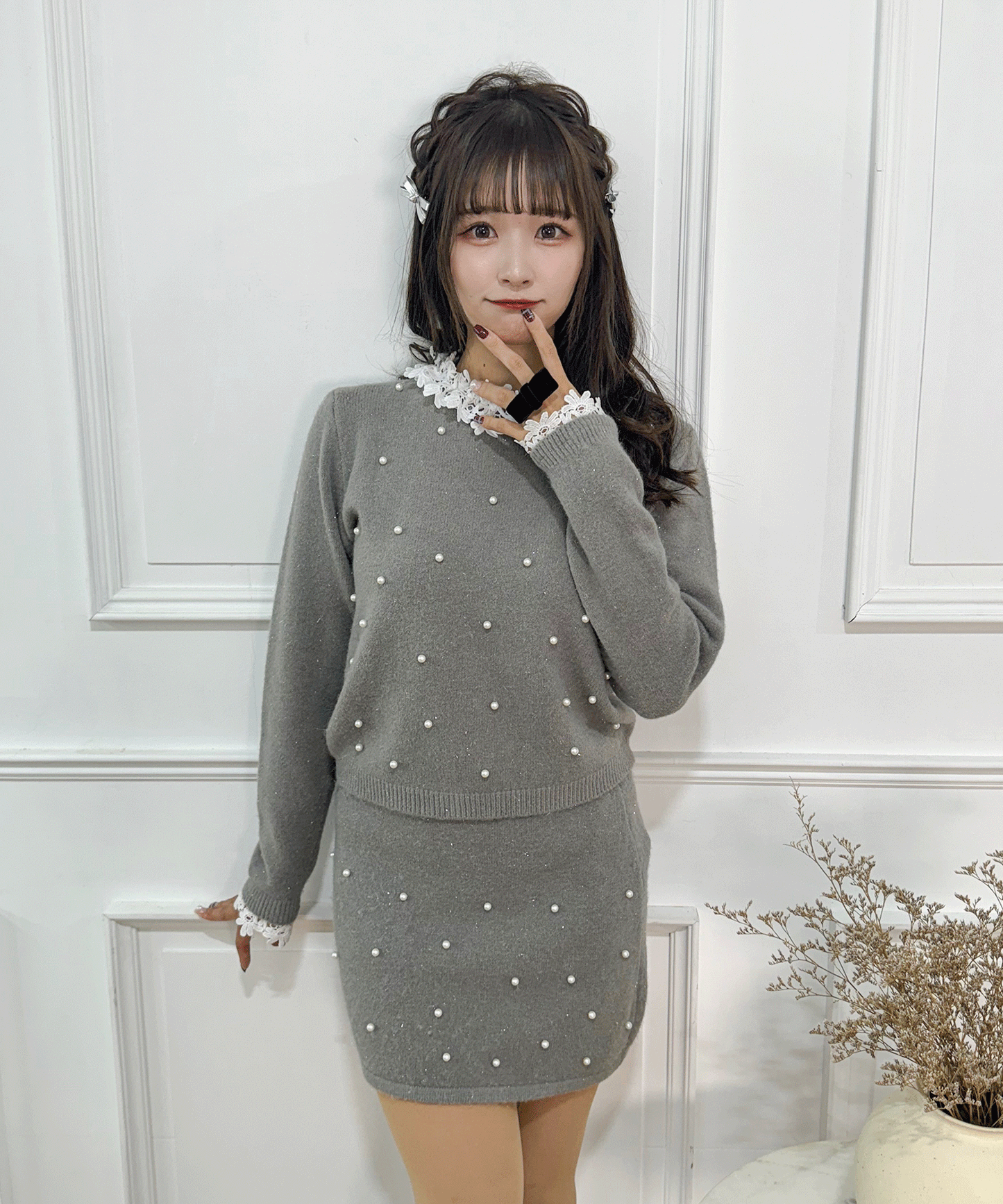 パール付きガーリーニットセットアップ