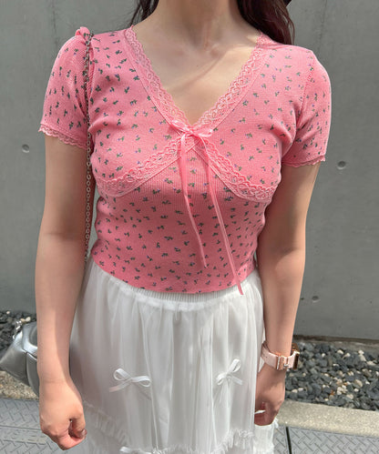 【Official限定販売】Vネック小花柄半袖ニット