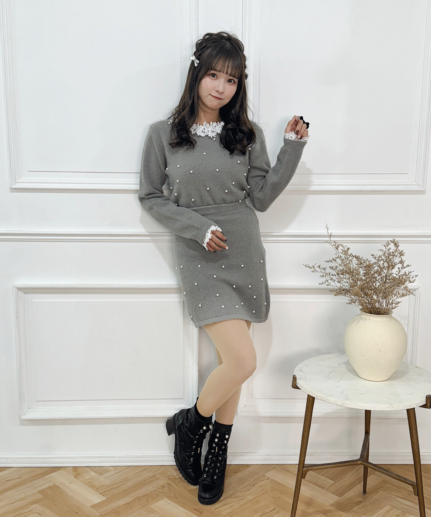 パール付きガーリーニットセットアップ