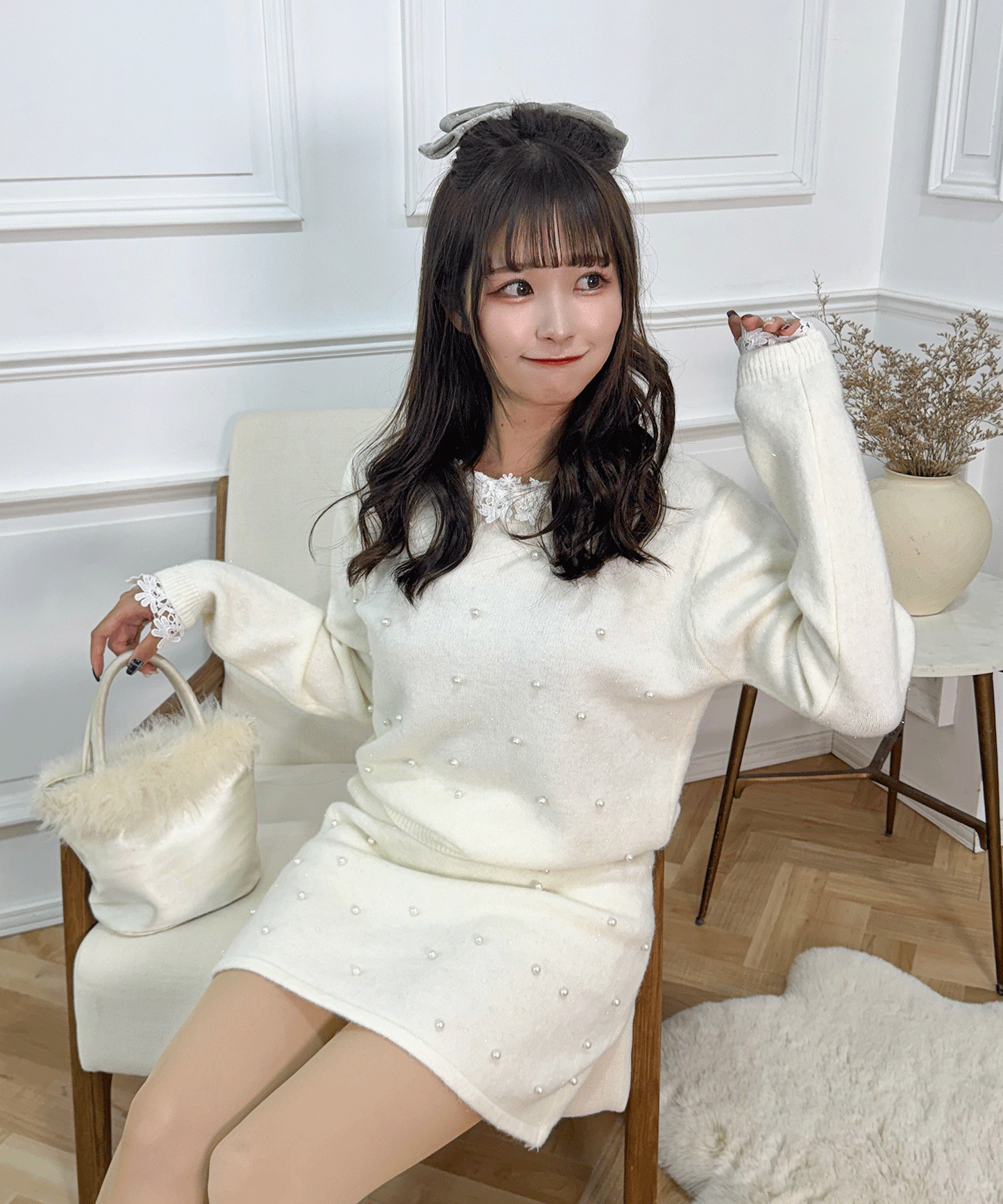パール付きガーリーニットセットアップ