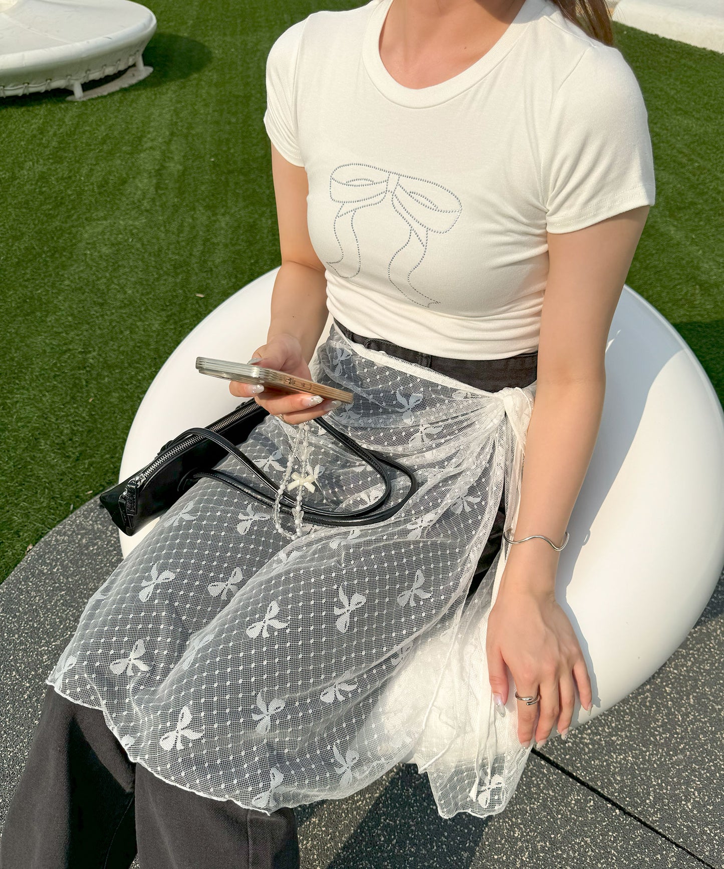 リボンラインストーンクロップドTシャツ