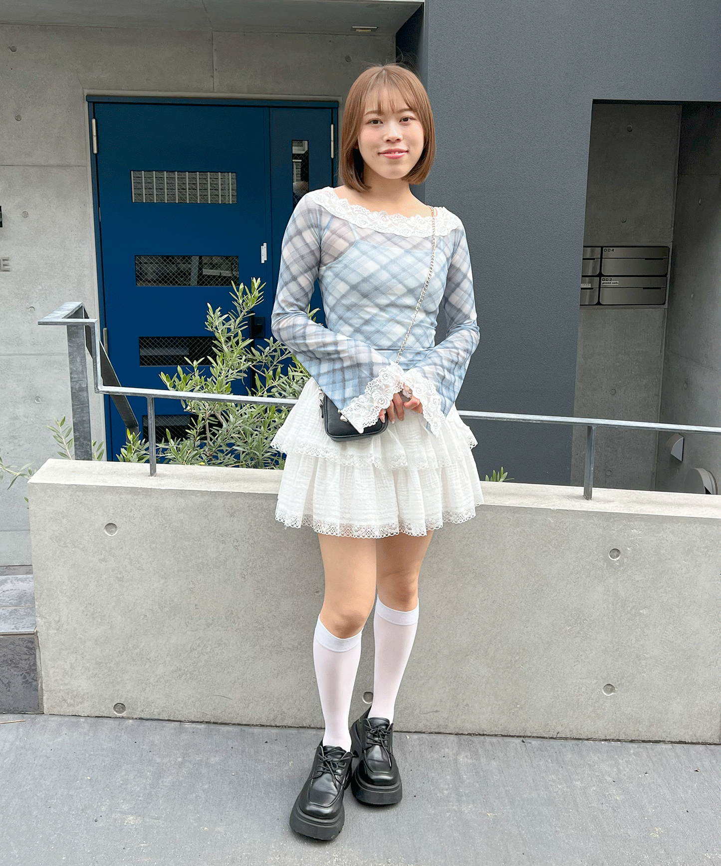 チェックシアーアシンメトリートップス