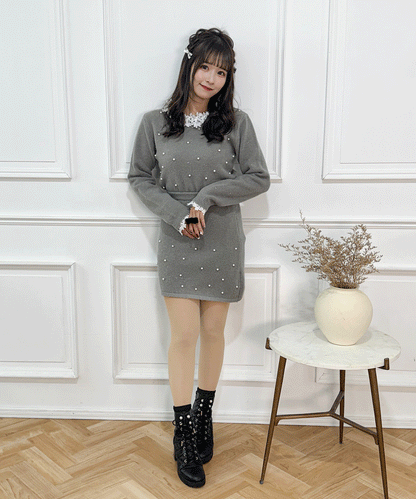 パール付きガーリーニットセットアップ