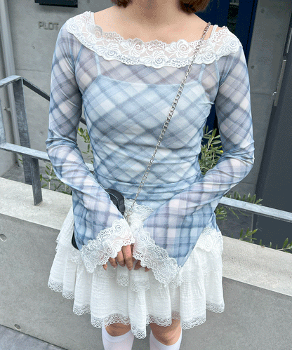 チェックシアーアシンメトリートップス