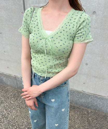 【Official限定販売】Vネック小花柄半袖ニット