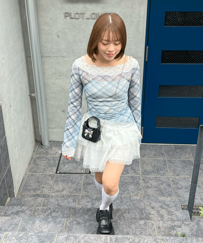 チェックシアーアシンメトリートップス