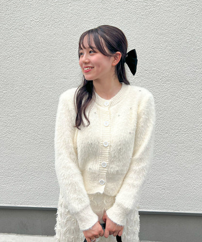 ビジュー付きシャギーニットカーデ