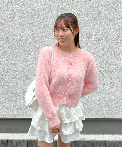 ビジュー付きシャギーニットカーデ