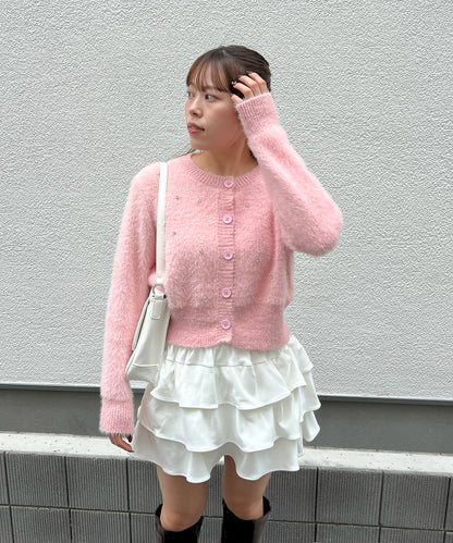 ビジュー付きシャギーニットカーデ