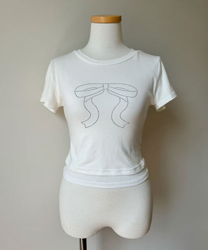 リボンラインストーンクロップドTシャツ