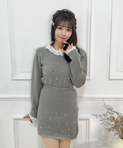 パール付きガーリーニットセットアップ
