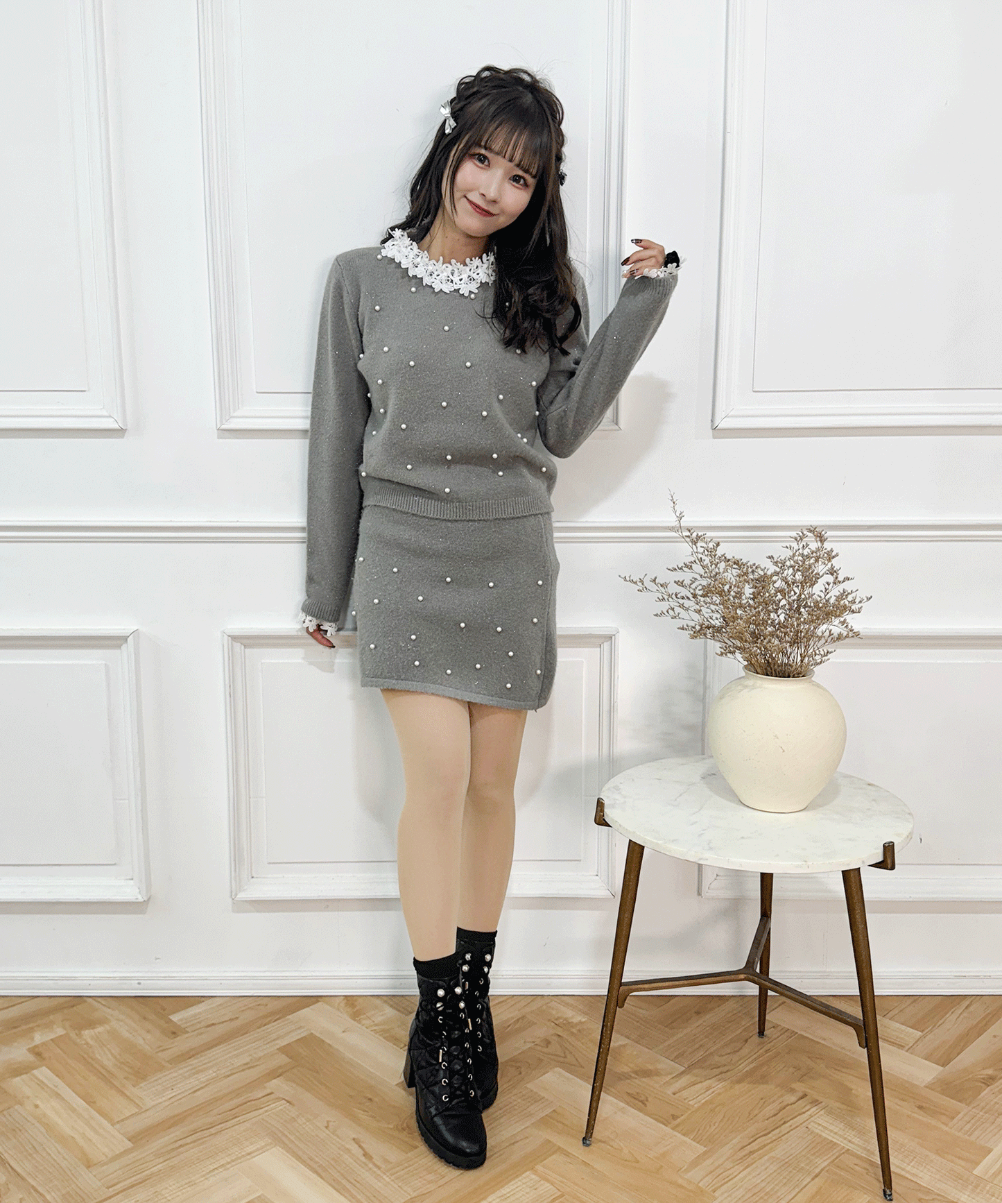 パール付きガーリーニットセットアップ