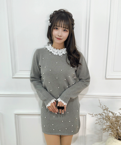 パール付きガーリーニットセットアップ