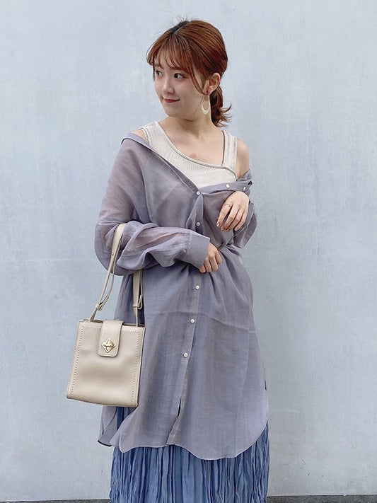 レーシーノーカラーロングシャツワンピ