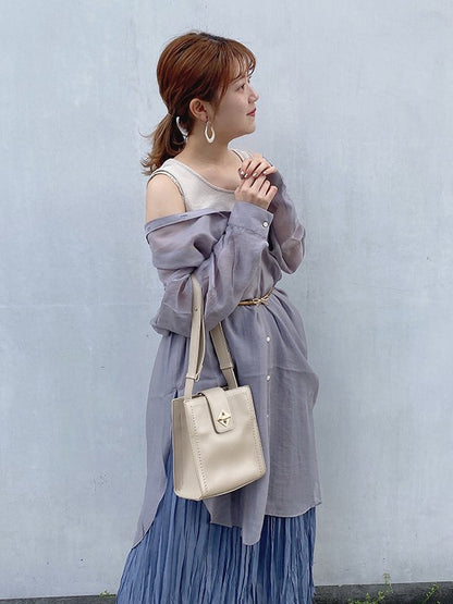 レーシーノーカラーロングシャツワンピ