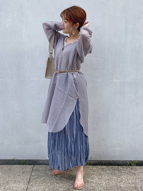 レーシーノーカラーロングシャツワンピ