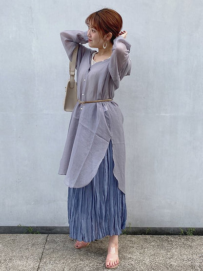 レーシーノーカラーロングシャツワンピ