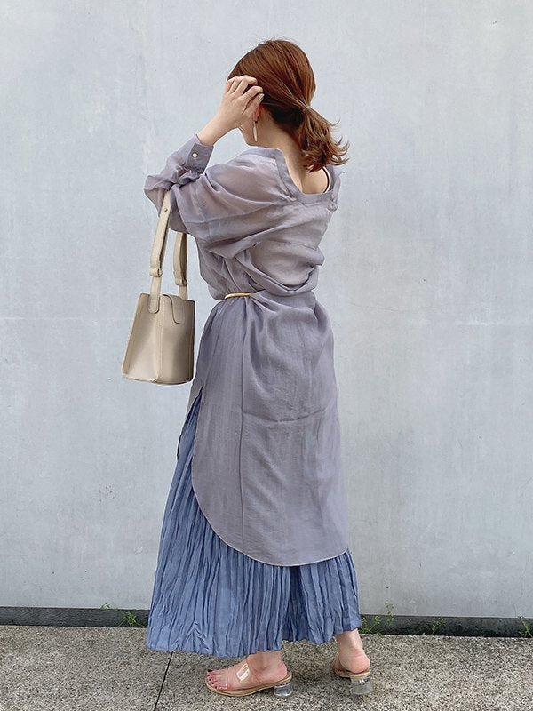 レーシーノーカラーロングシャツワンピ