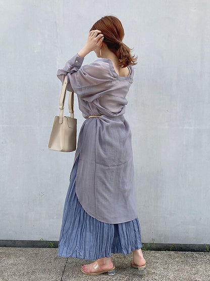 レーシーノーカラーロングシャツワンピ