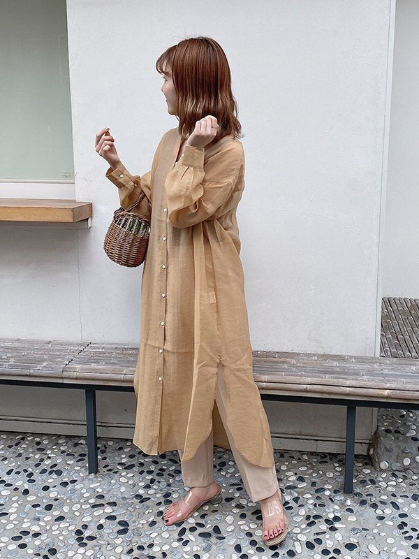 レーシーノーカラーロングシャツワンピ