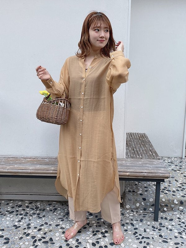 レーシーノーカラーロングシャツワンピ