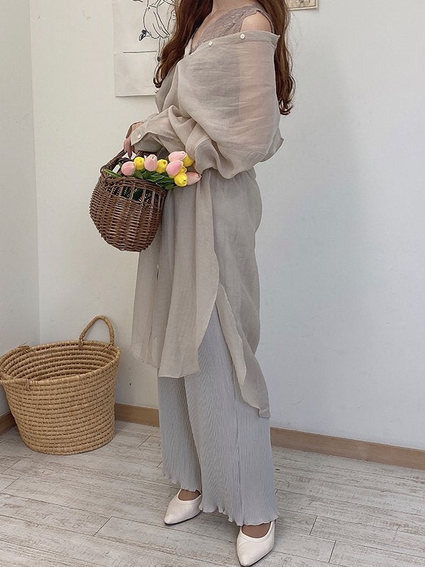 レーシーノーカラーロングシャツワンピ