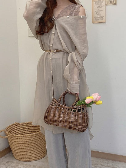 レーシーノーカラーロングシャツワンピ