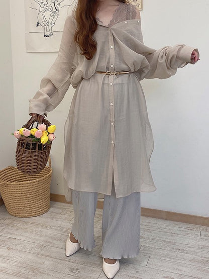 レーシーノーカラーロングシャツワンピ