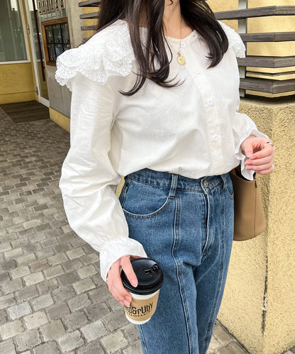 ラウンドカラーレースブラウス