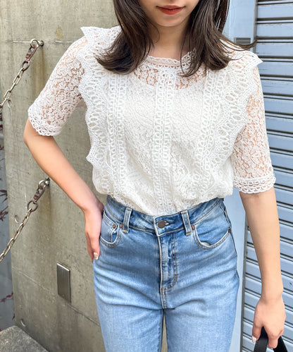 総レースフリルレトロブラウス