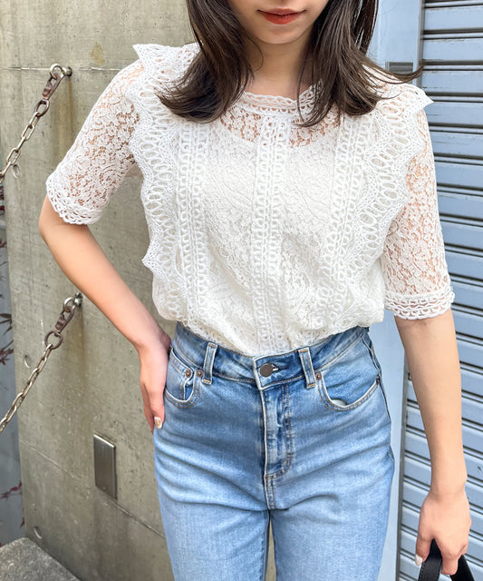 総レースフリルレトロブラウス
