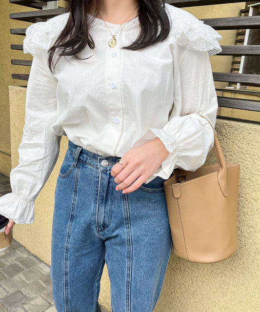 ラウンドカラーレースブラウス