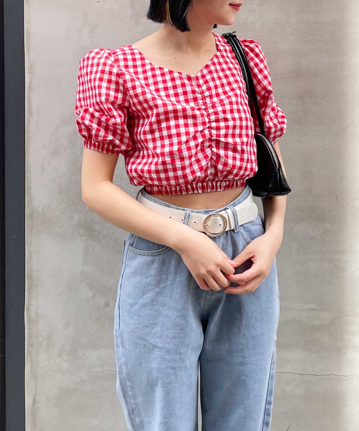 gingham check puff sleeve blouse – frunco