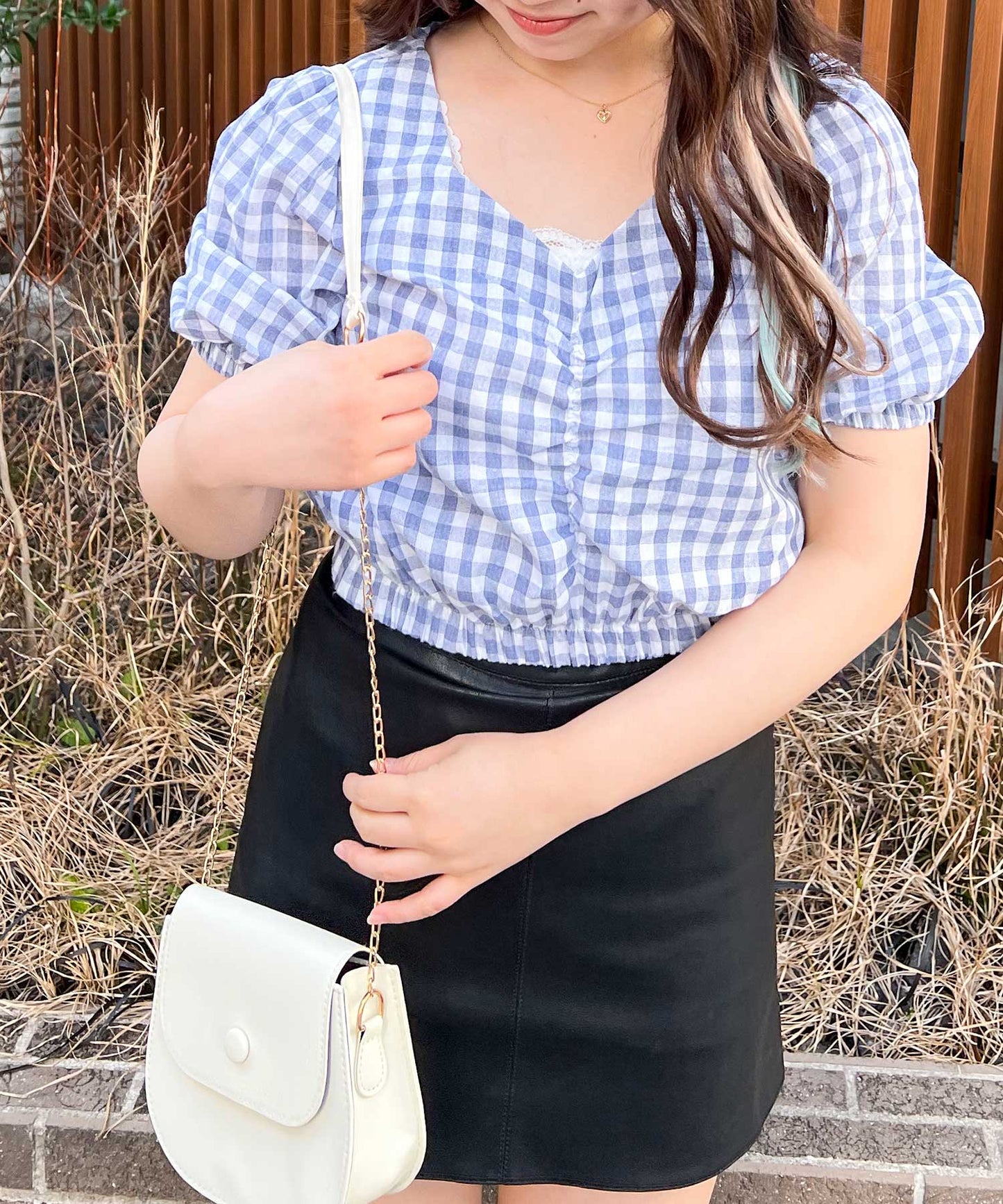 gingham check puff sleeve blouse