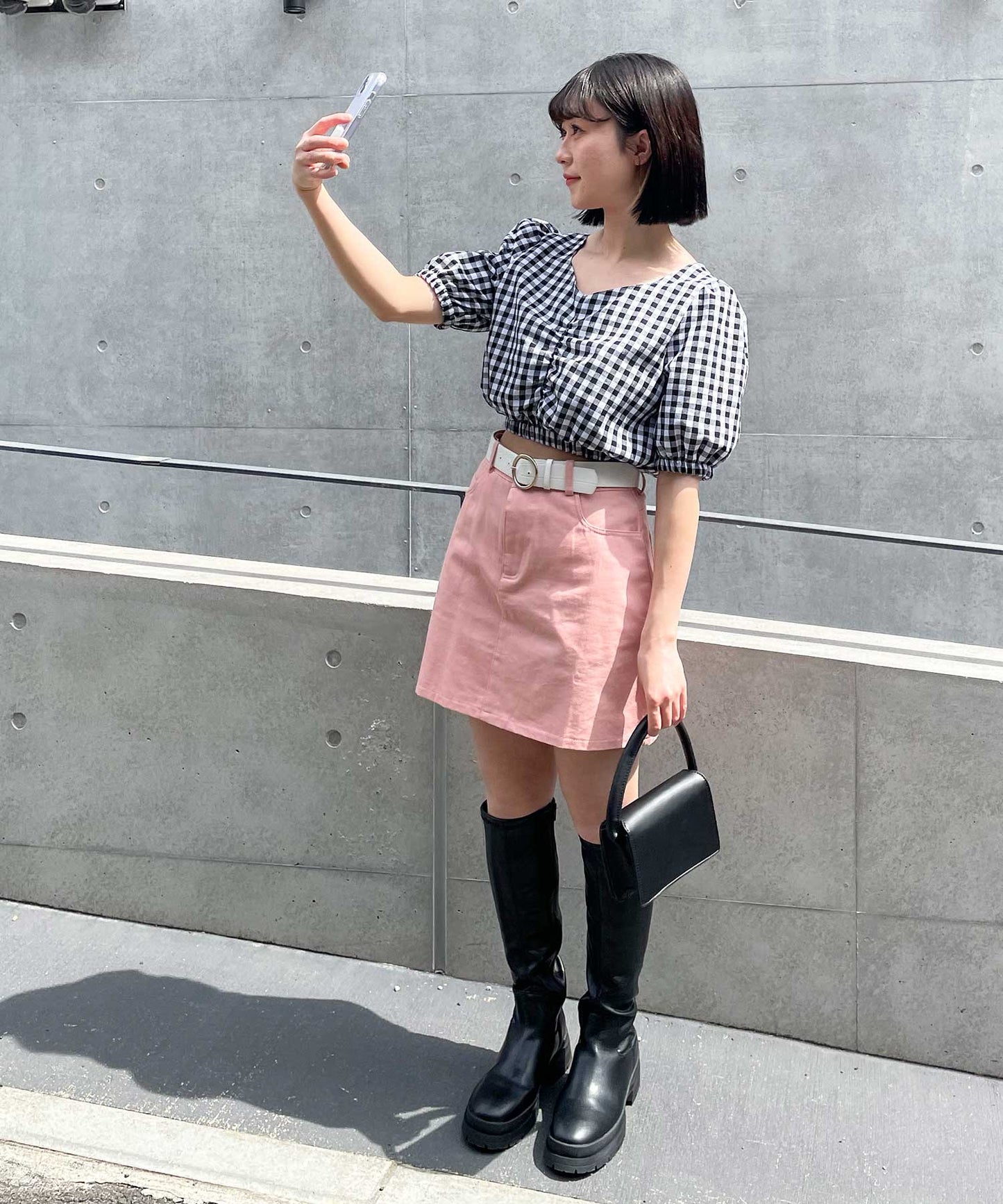 gingham check puff sleeve blouse