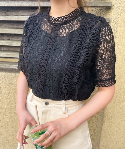 総レースフリルレトロブラウス